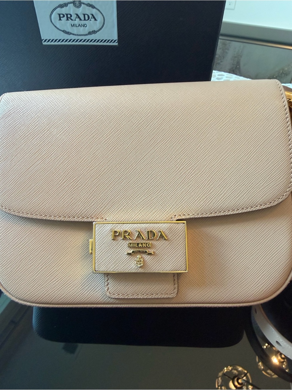 Prada Cipria Saffiano Lux Embleme Flap Shoulder or Crossbody Bag w/Gold Hardware - Picture 5 of 11